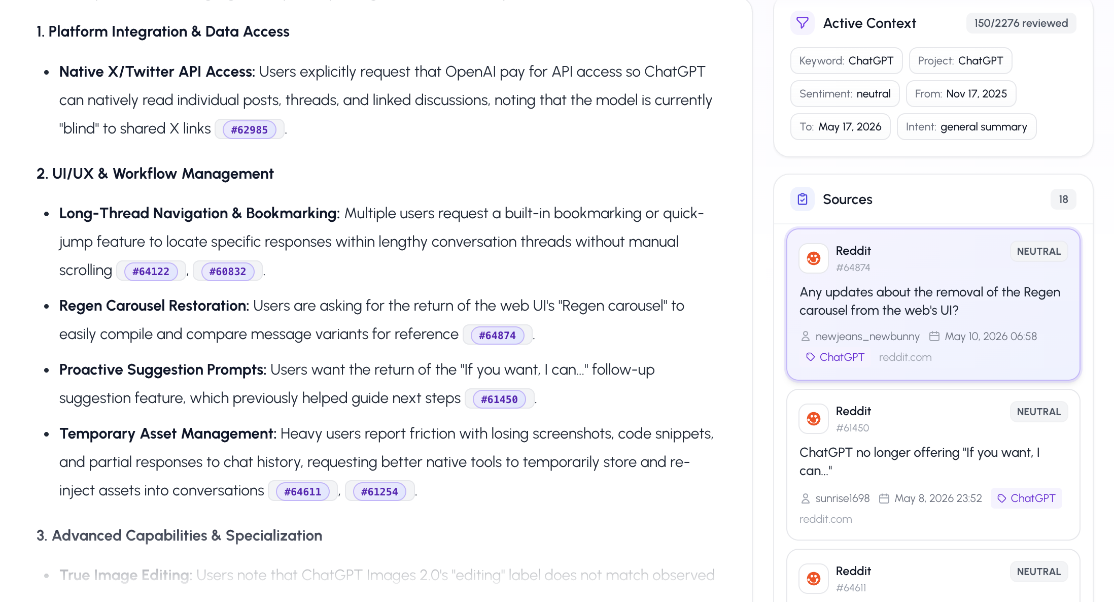 AI Insights chat answer with detected filter pills, inline numeric citations linking to specific mentions, and the right-hand sources panel listing the evidence used by the AI